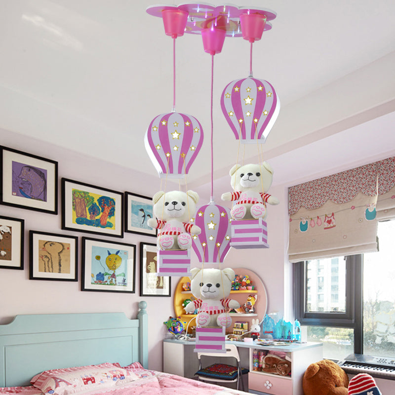 Contemporary Bear Pendant Light Wood 3 Lights Hanging Lamp for Baby Girls Boys Bedroom