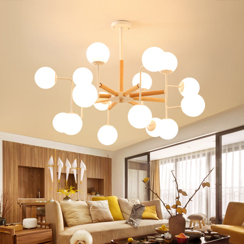 Simple Chandelier Lighting Fixture Wood Spherical Pendant Lamp with Opaline Glass Shade