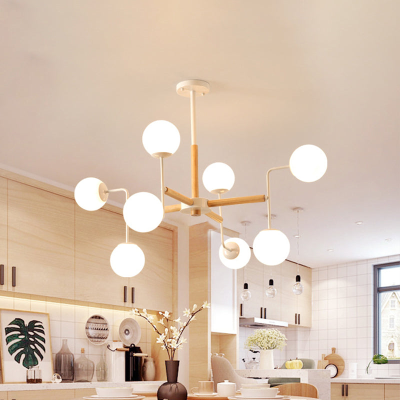 Simple Chandelier Lighting Fixture Wood Spherical Pendant Lamp with Opaline Glass Shade