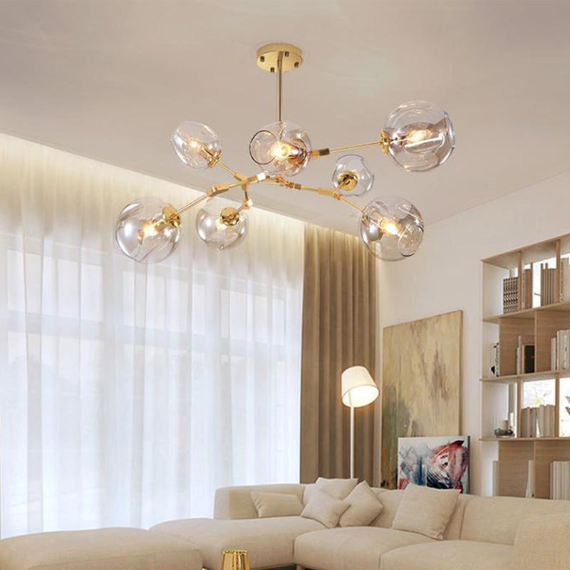 Simplicity Cup Shade Drop Pendant Clear Dimpled Glass 7-Bulb Dining Room Pendant Chandelier in Gold