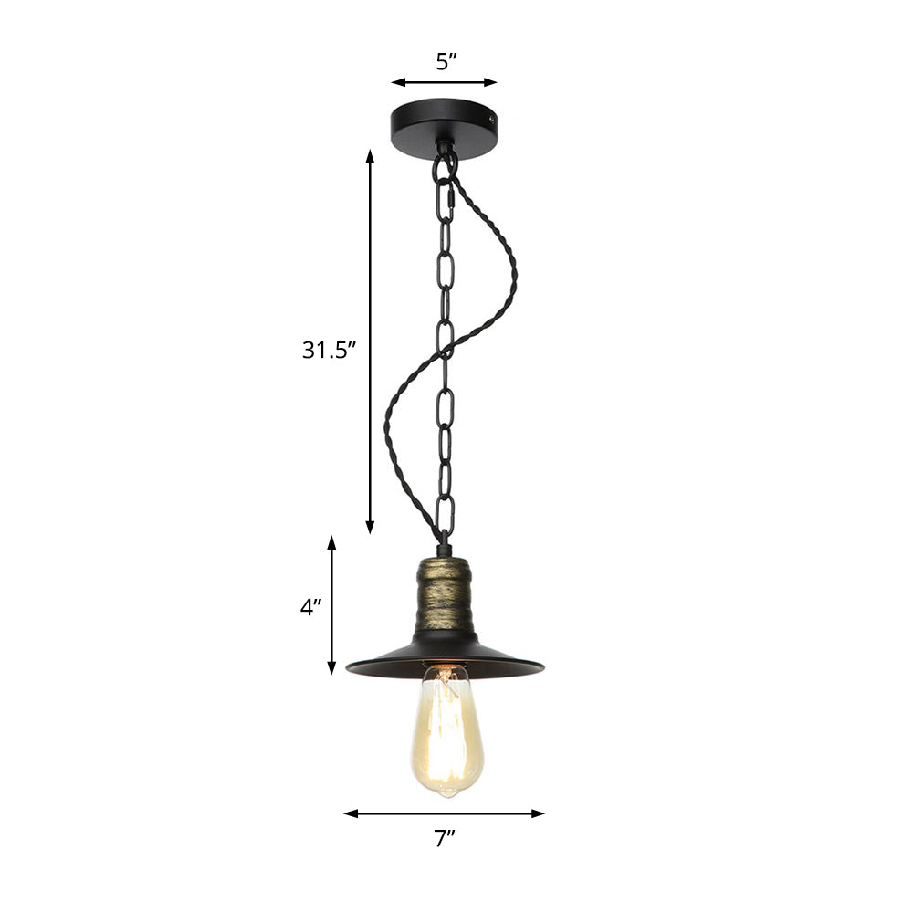 7"/8.5"/10" Wide Wrought Iron Black Pendant Flat 1-Light Retro Hanging Ceiling Light for Living Room