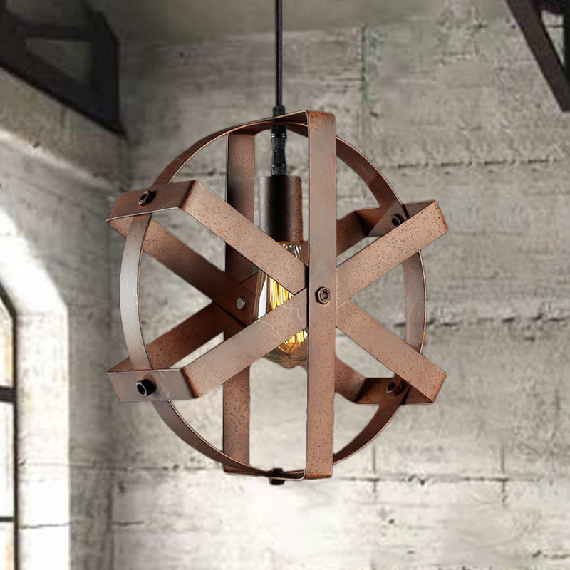 1-Light Round Cage Pendant Light Fixture Rustic Rust Iron Hanging Ceiling Light for Dining Room