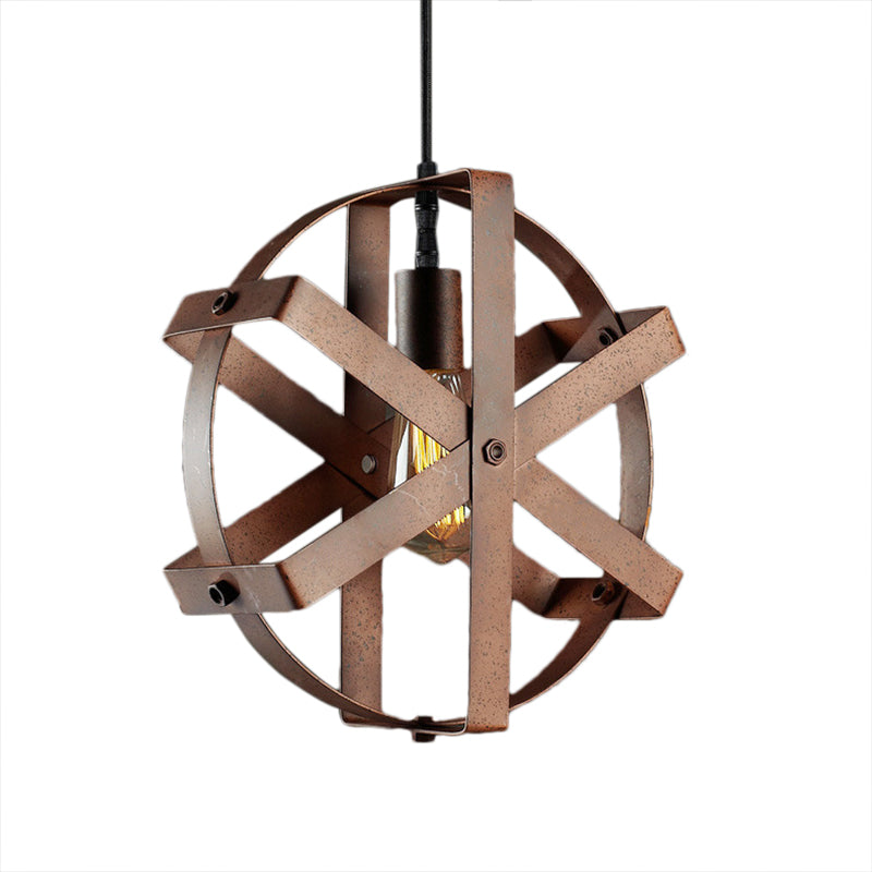 1-Light Round Cage Pendant Light Fixture Rustic Rust Iron Hanging Ceiling Light for Dining Room