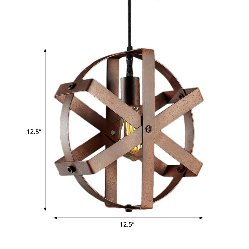 1-Light Round Cage Pendant Light Fixture Rustic Rust Iron Hanging Ceiling Light for Dining Room