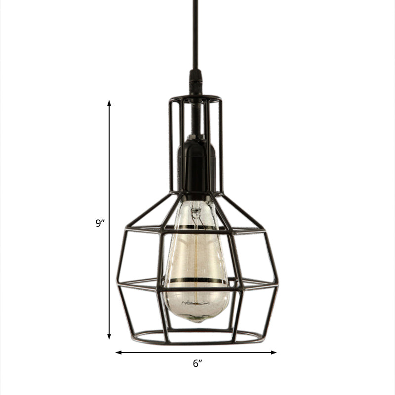 1-Light Prism Cage Pendant Ceiling Light Retro Black Metal Hanging Light Fixture for Living Room