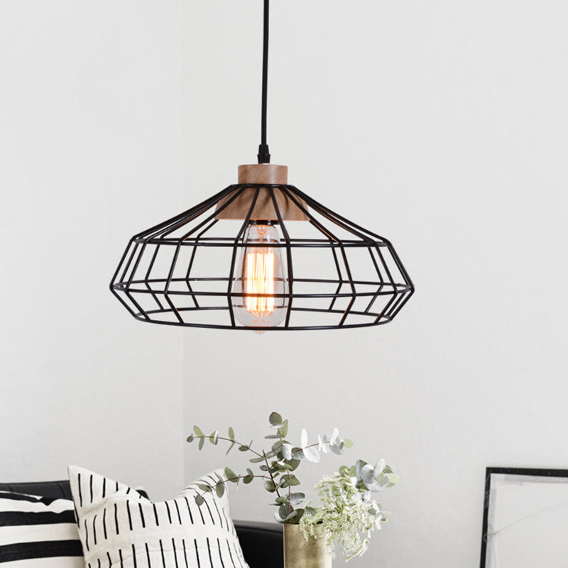 1-Light Pendant Light Modern Caged Metal Hanging Lamp with Wooden Cap in Black for Dining Room