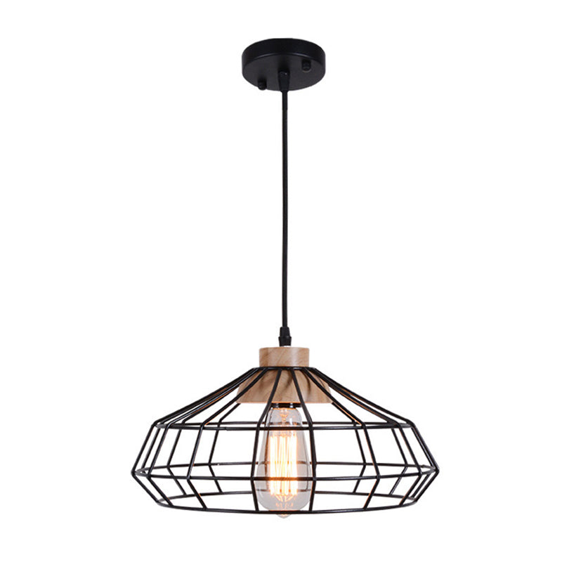 1-Light Pendant Light Modern Caged Metal Hanging Lamp with Wooden Cap in Black for Dining Room