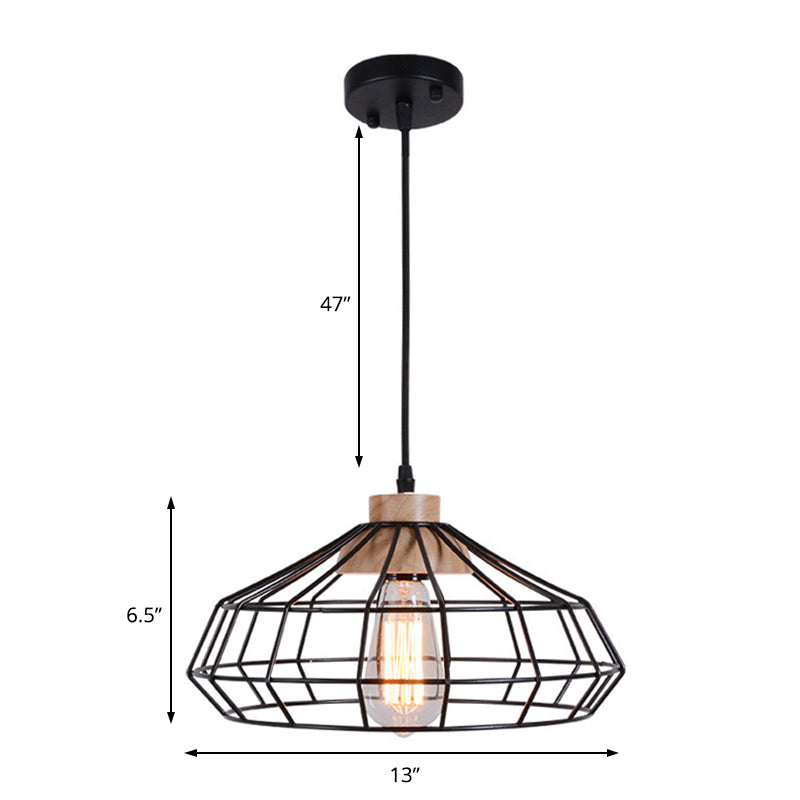 1-Light Pendant Light Modern Caged Metal Hanging Lamp with Wooden Cap in Black for Dining Room