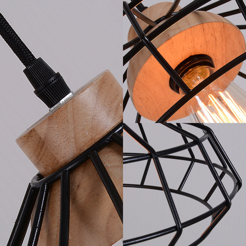 1-Light Pendant Light Modern Caged Metal Hanging Lamp with Wooden Cap in Black for Dining Room