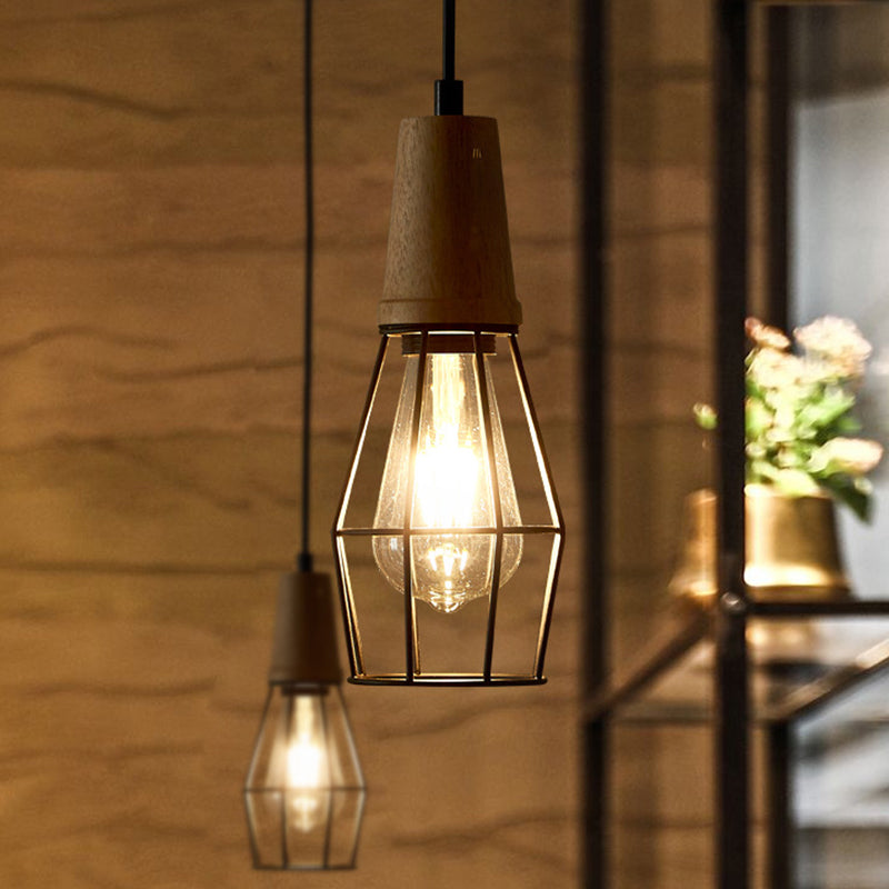 1-Light Ceiling Light Industrial Geometric Cage Style Iron Pendant Lamp with Wooden Top in Black/Chrome/Rose Gold for Bedroom