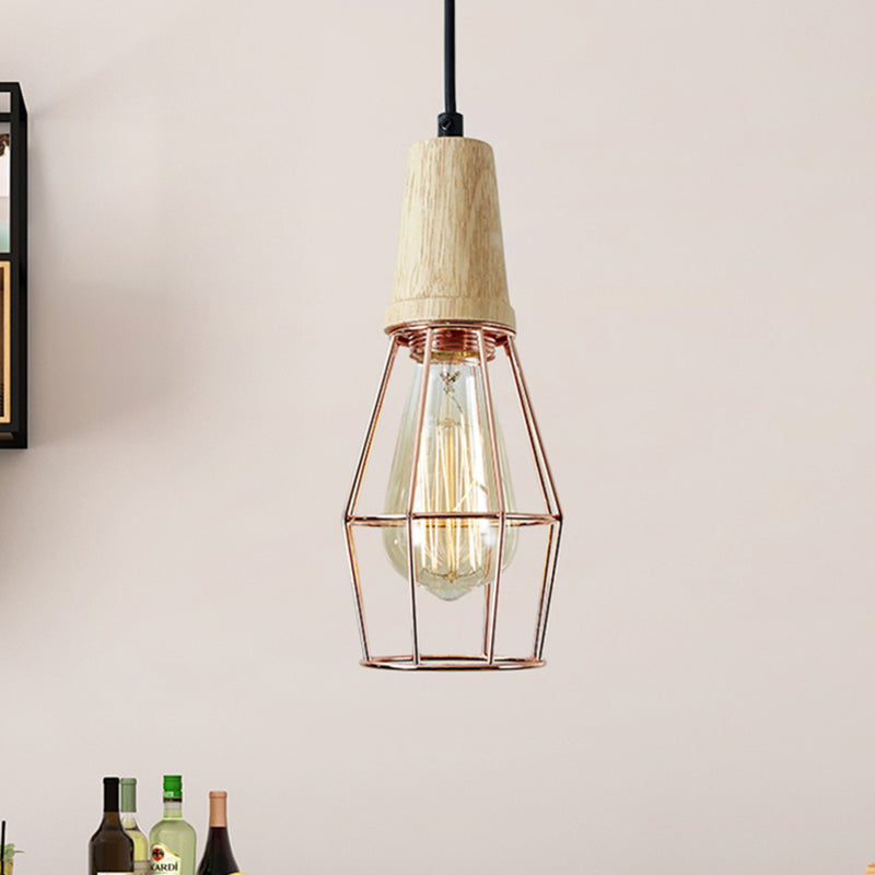 1-Light Ceiling Light Industrial Geometric Cage Style Iron Pendant Lamp with Wooden Top in Black/Chrome/Rose Gold for Bedroom