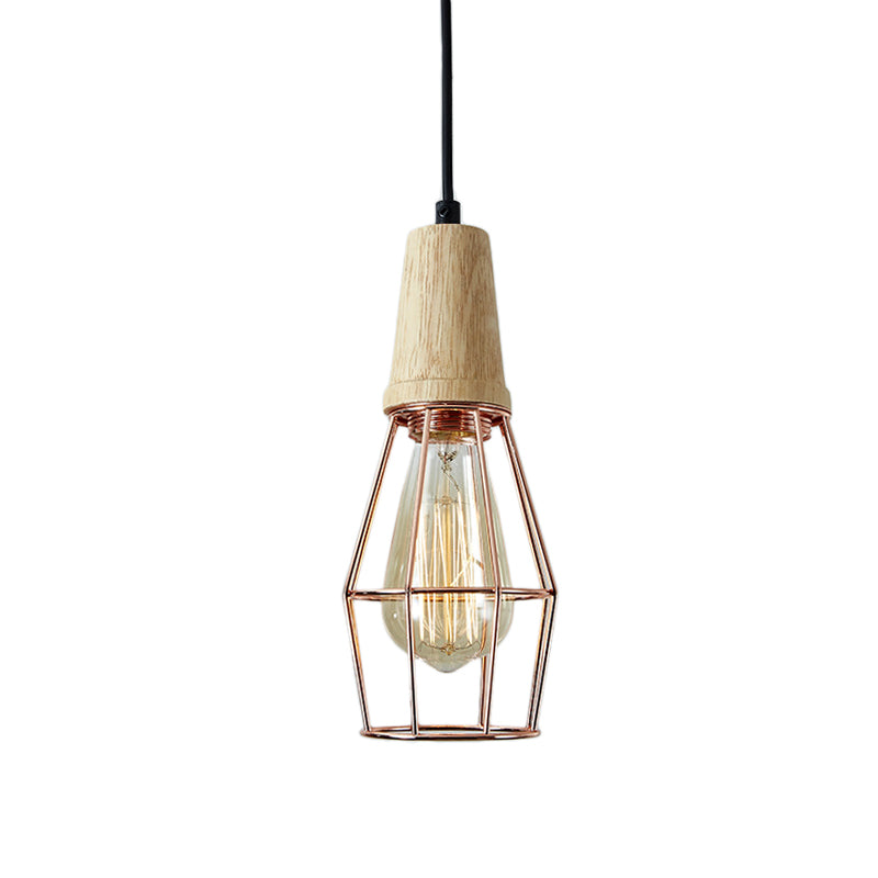 1-Light Ceiling Light Industrial Geometric Cage Style Iron Pendant Lamp with Wooden Top in Black/Chrome/Rose Gold for Bedroom