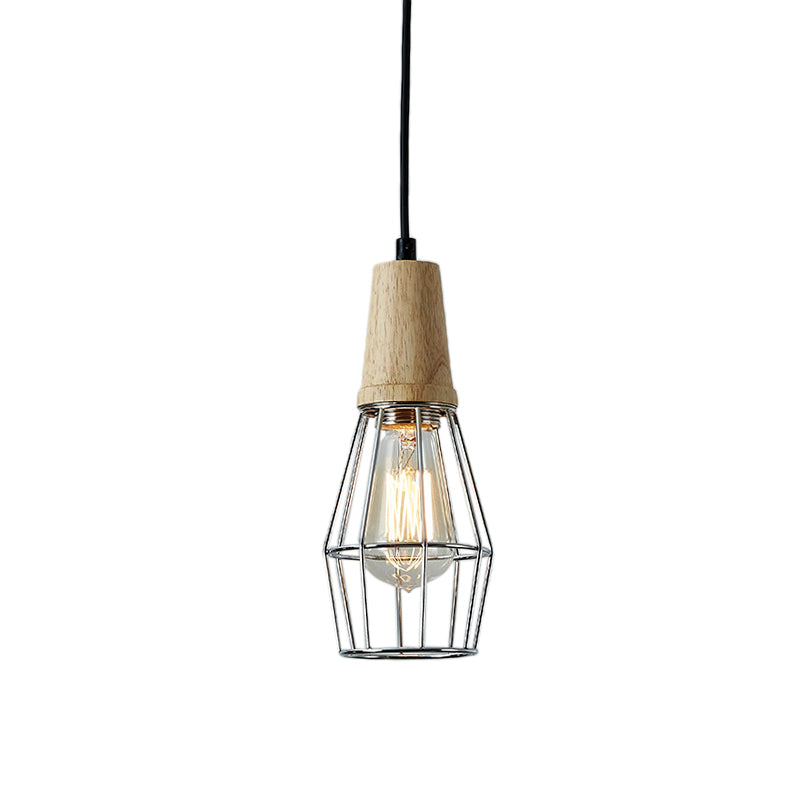 1-Light Ceiling Light Industrial Geometric Cage Style Iron Pendant Lamp with Wooden Top in Black/Chrome/Rose Gold for Bedroom