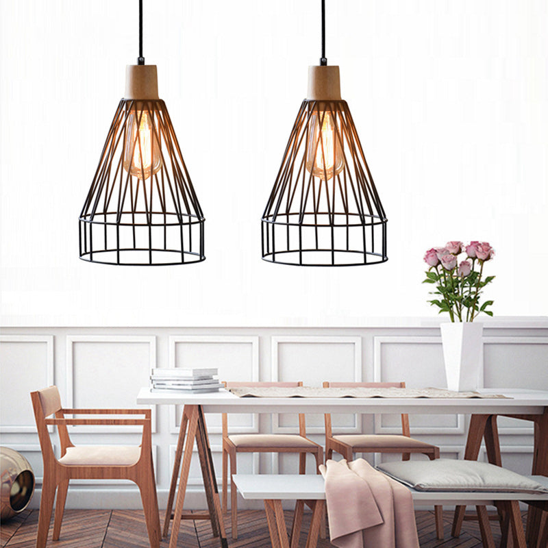 12"/13" H 1-Light Pendant Light Fixture Modern Geometric Wire Cage Iron Pendant Lamp with Wooden Top in Black for Bedroom