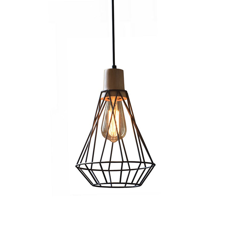 12"/13" H 1-Light Pendant Light Fixture Modern Geometric Wire Cage Iron Pendant Lamp with Wooden Top in Black for Bedroom