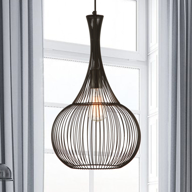 1-Light Teardrop Cage Hanging Pendant Light Industrial Black Iron Ceiling Lighting for Living Room