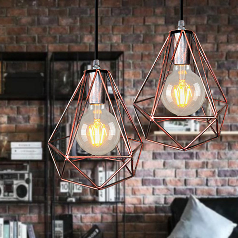 1-Light Pendant Ceiling Light Country Diamond Wire Cage Wrought Iron Pendant Lamp in Black/Copper/Gold for Living Room