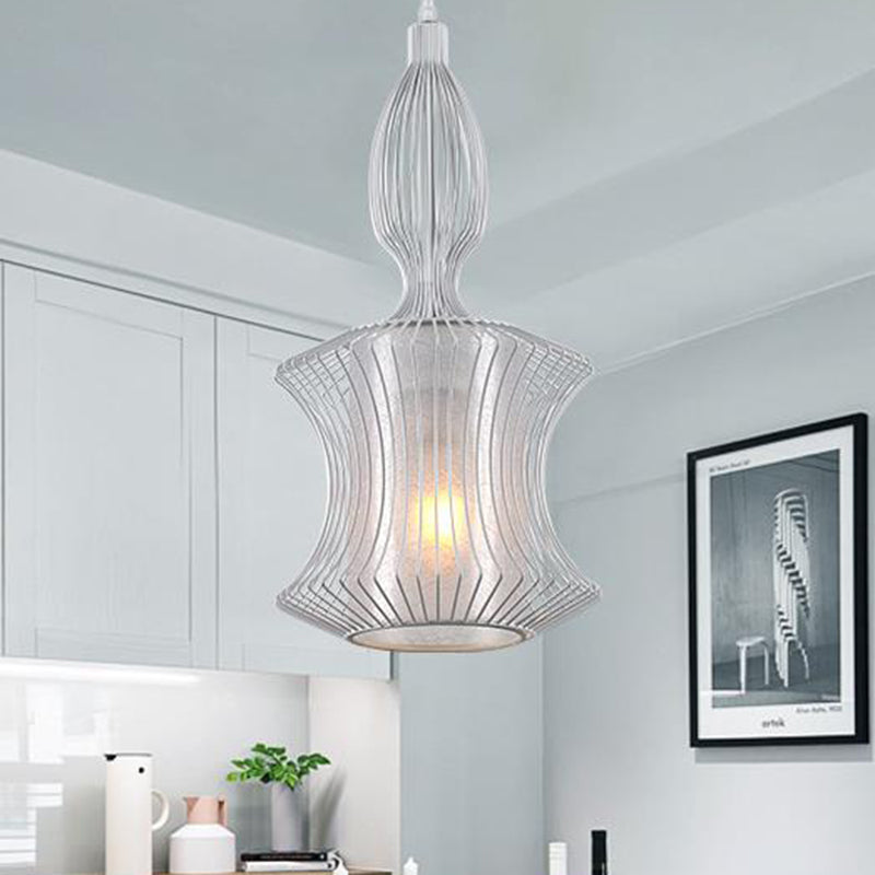 1-Light Ceiling Pendant Light Vintage Lantern Frame Iron Hanging Light Fixture in White for Dining Room