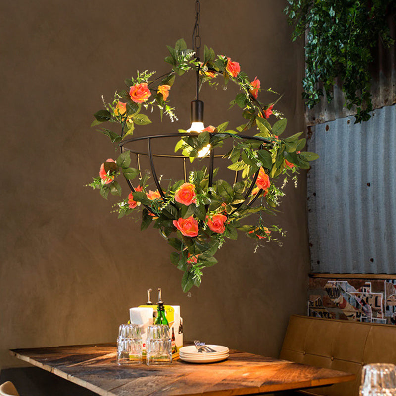 Luce a pendente sospeso a 1 luce con lampada da ristorante contemporanea di ferro con cesto di fiori in nero