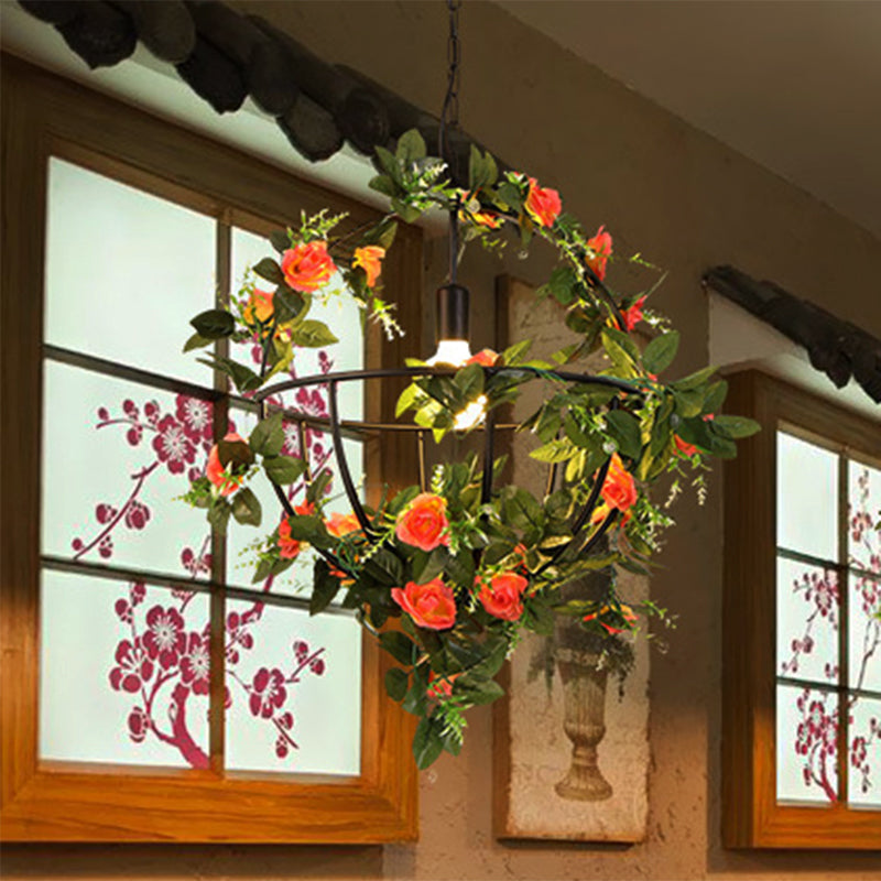 Luce a pendente sospeso a 1 luce con lampada da ristorante contemporanea di ferro con cesto di fiori in nero