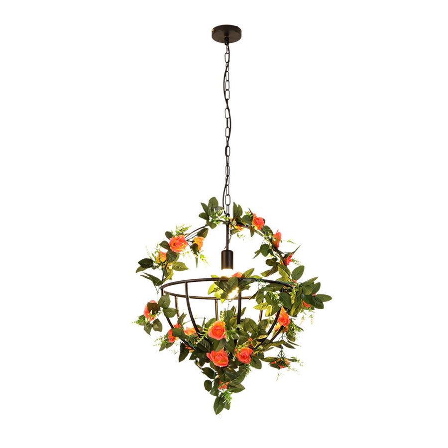 1-Light Hanging Pendant Light with Flower Basket Iron Contemporary Restaurant Light Fixture in Black