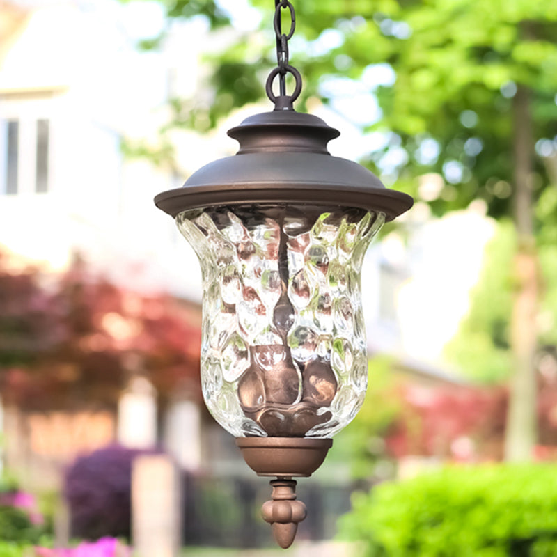 3-Light Pendant Light with Dimpled Glass Shade Metal Antique Style Outdoor Hanging Lamp in Dark Gray