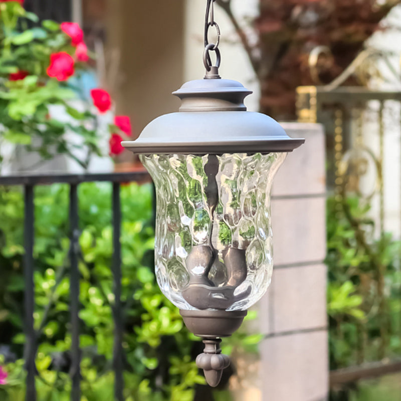 3-Light Pendant Light with Dimpled Glass Shade Metal Antique Style Outdoor Hanging Lamp in Dark Gray