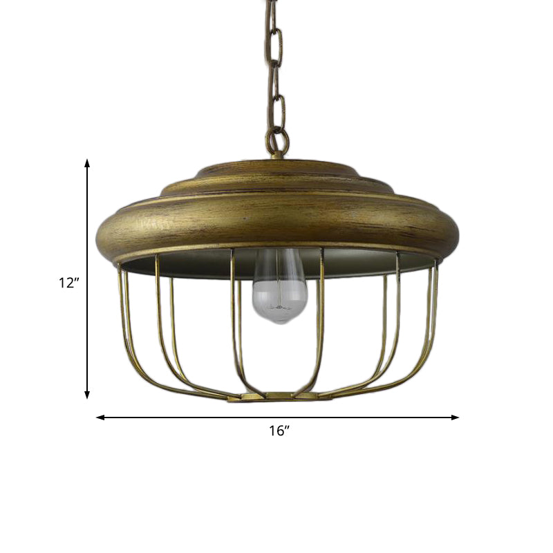 1-Light Hanging Pendant Light with Drum Shade Iron Rustic Farmhouse Ceiling Light in Antique Brass