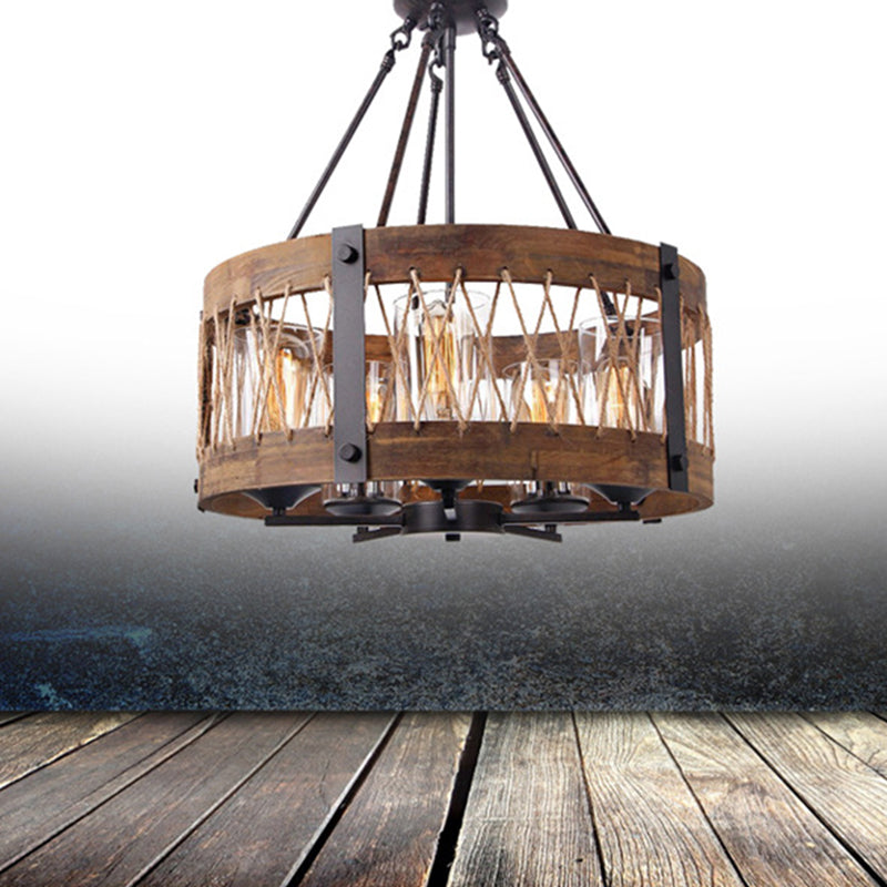 5-Light Metal Chandelier Light Fixture Retro Black Rope-weaved Wooden Drum Dining Room Pendant Chandelier