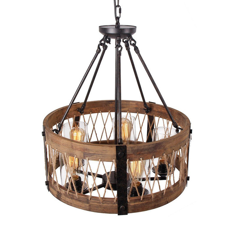 5-Light Metal Chandelier Light Fixture Retro Black Rope-weaved Wooden Drum Dining Room Pendant Chandelier