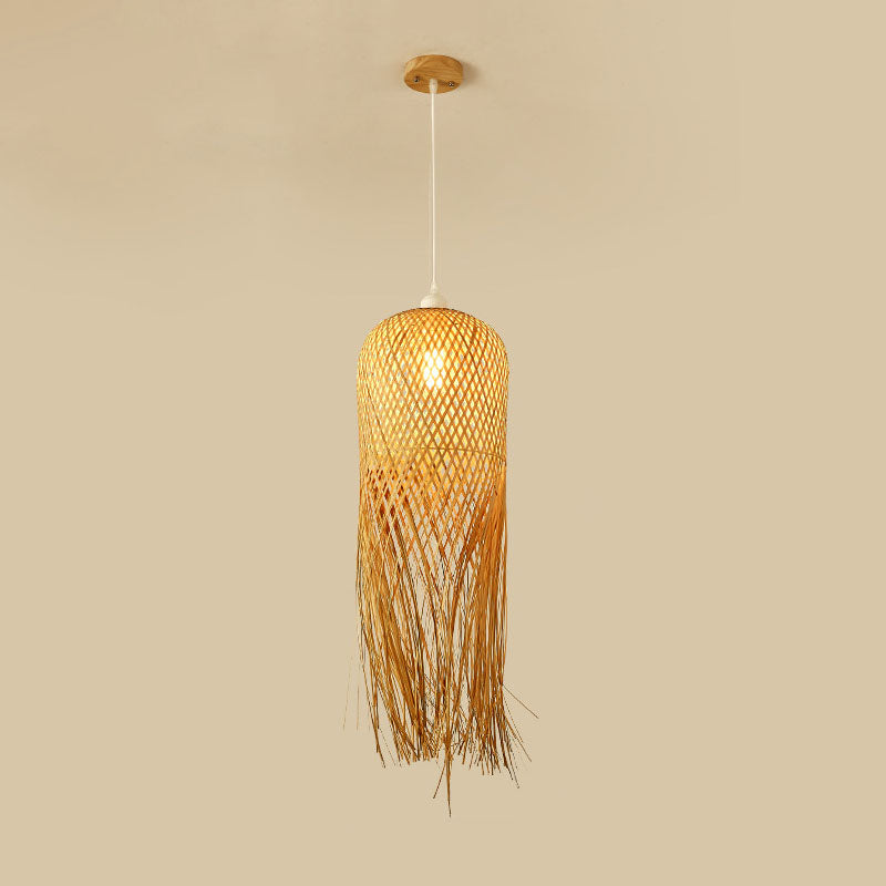 Weaving Dome Pendant Light Fixture Asian Bamboo 1-Light Dining Room Ceiling Lamp with Fringe in Wood