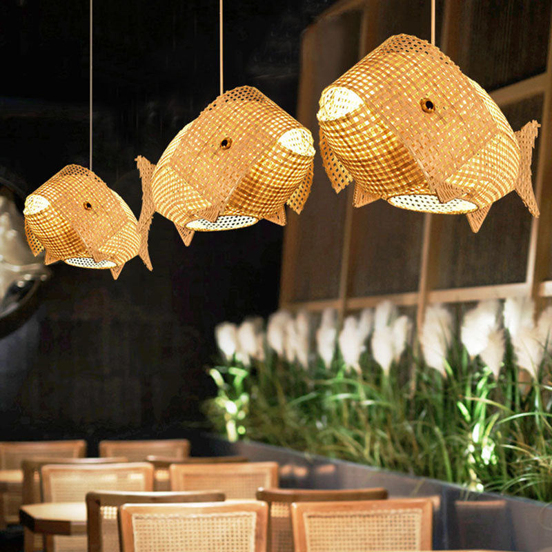 Fish Shaped Restaurant Hanging Light Bamboo 1 Head Asian Ceiling Pendant in Wood