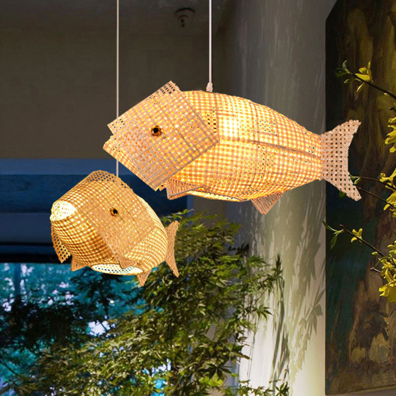 Fish Shaped Restaurant Hanging Light Bamboo 1 Head Asian Ceiling Pendant in Wood