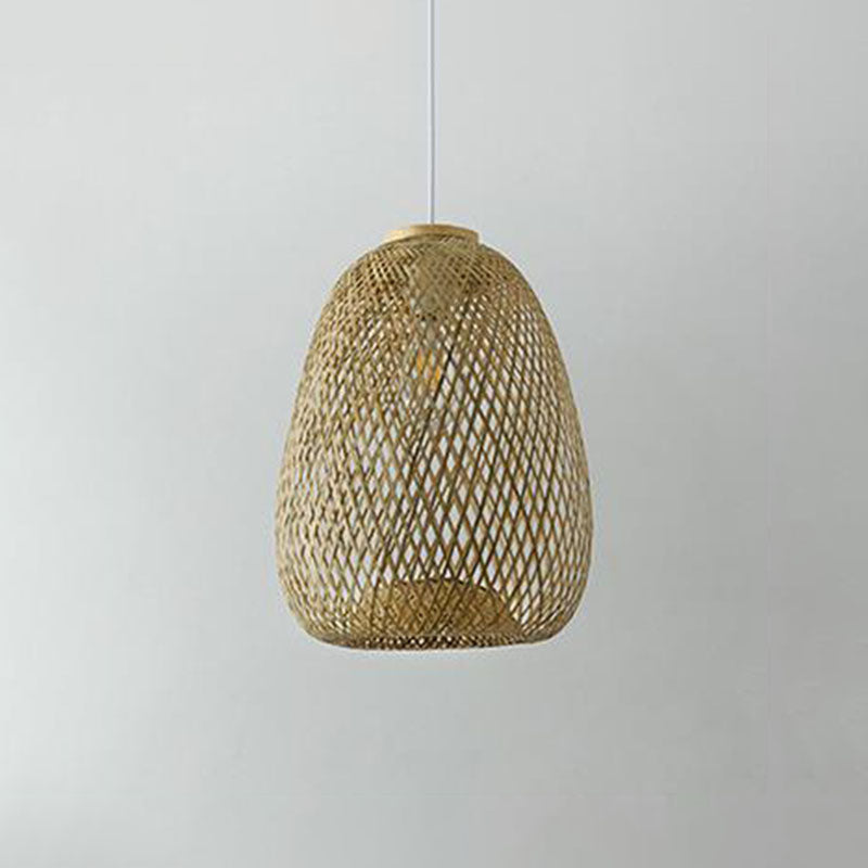 Wood Hand-Braided Pendant Lamp Chinese Style 1 Head Bamboo Ceiling Hanging Lantern