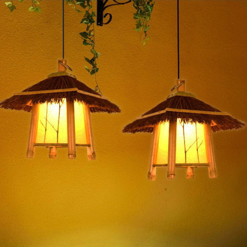 Cottage Woven Shade Drops Cioncant Wood 1 Bulb Restaurant Hanging Light Kit in beige