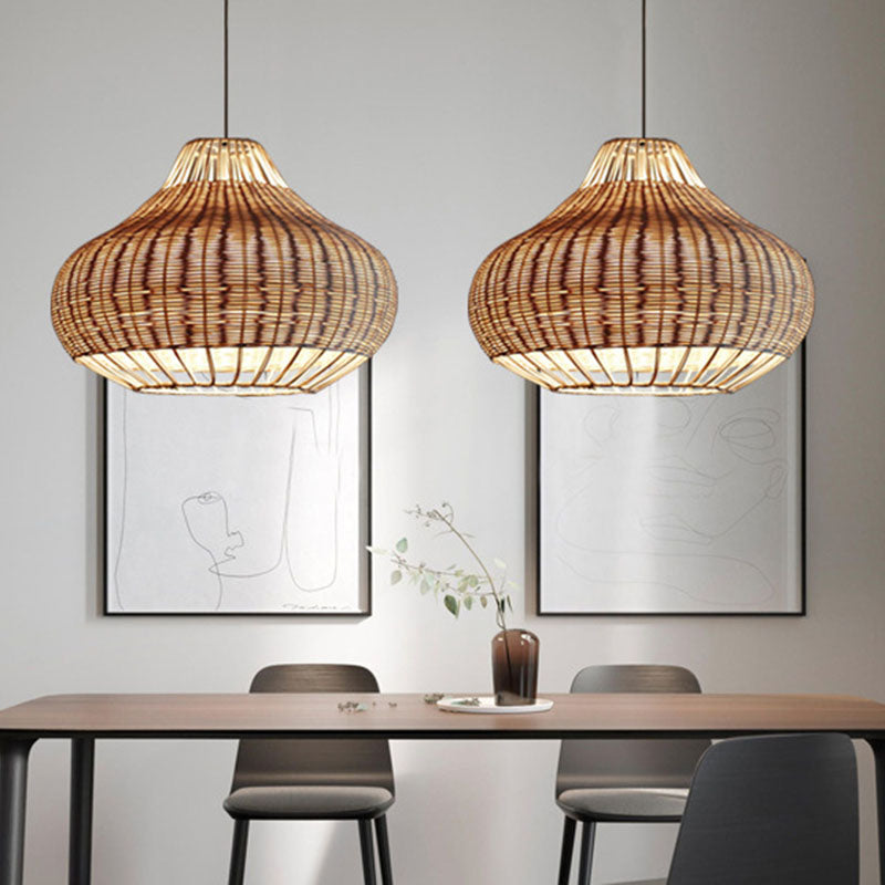 Hand-Worked Pear-Shape Hanging Light Asian Rattan 1-Head Dining Table Suspension Pendant in Wood