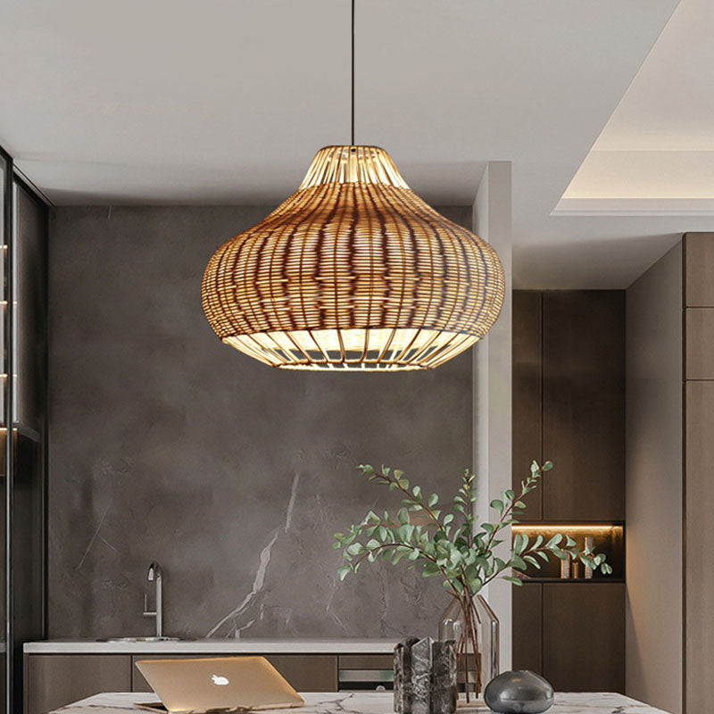 Hand-Worked Pear-Shape Hanging Light Asian Rattan 1-Head Dining Table Suspension Pendant in Wood