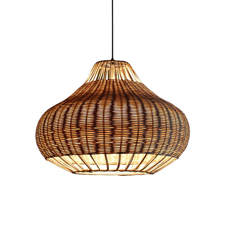 Hand-Worked Pear-Shape Hanging Light Asian Rattan 1-Head Dining Table Suspension Pendant in Wood