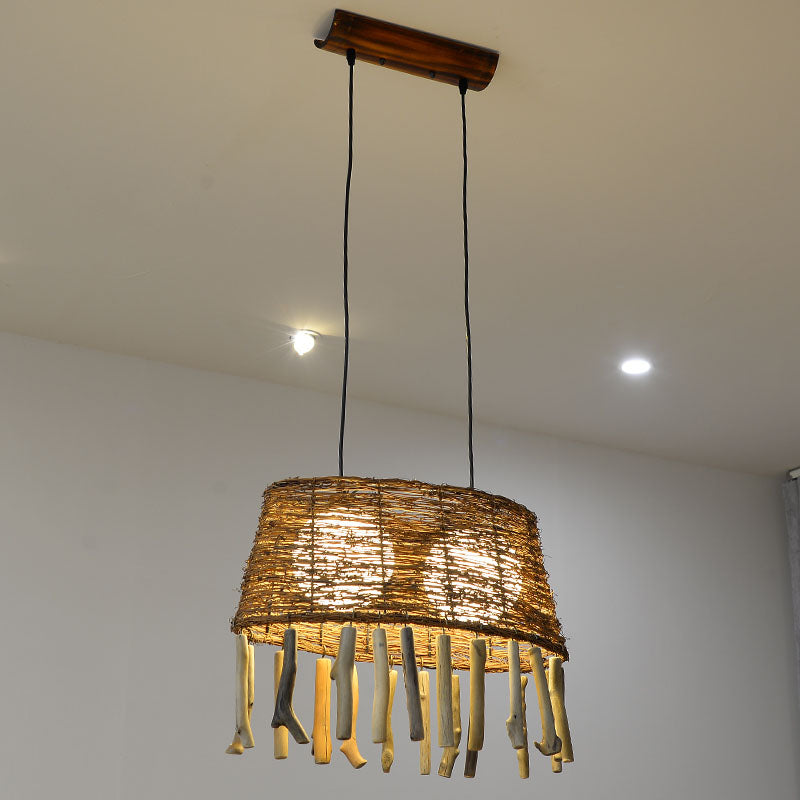 Rattan Oval Sofiling Hang Light Countryside 1 Testa ciondolo in legno per il ristorante