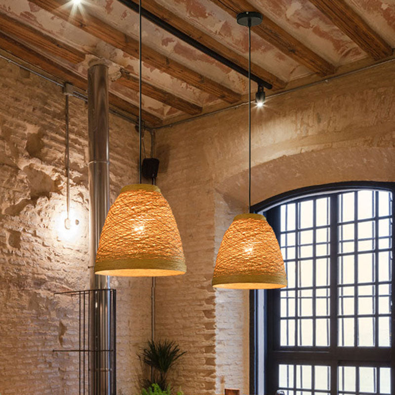 Weven Bell Hanging Lamp Asian Style Rattan 1 Bulb Snack Bar Suspension Pendant Light