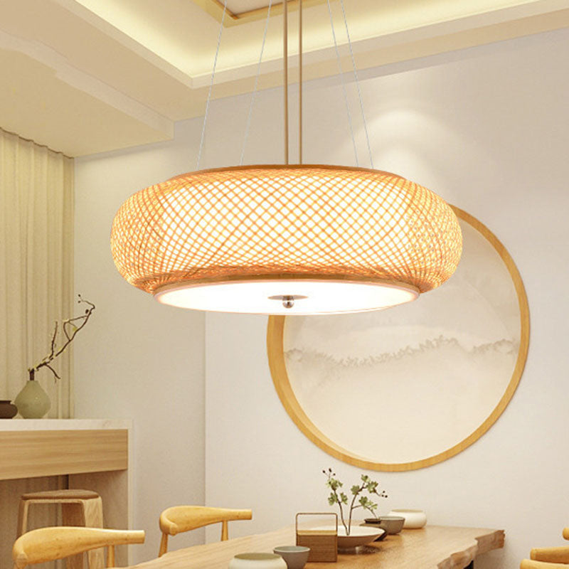 Round Hanging Light Fixture Asia Bamboo 1 Bulb Living Room Ceiling Pendant in Wood