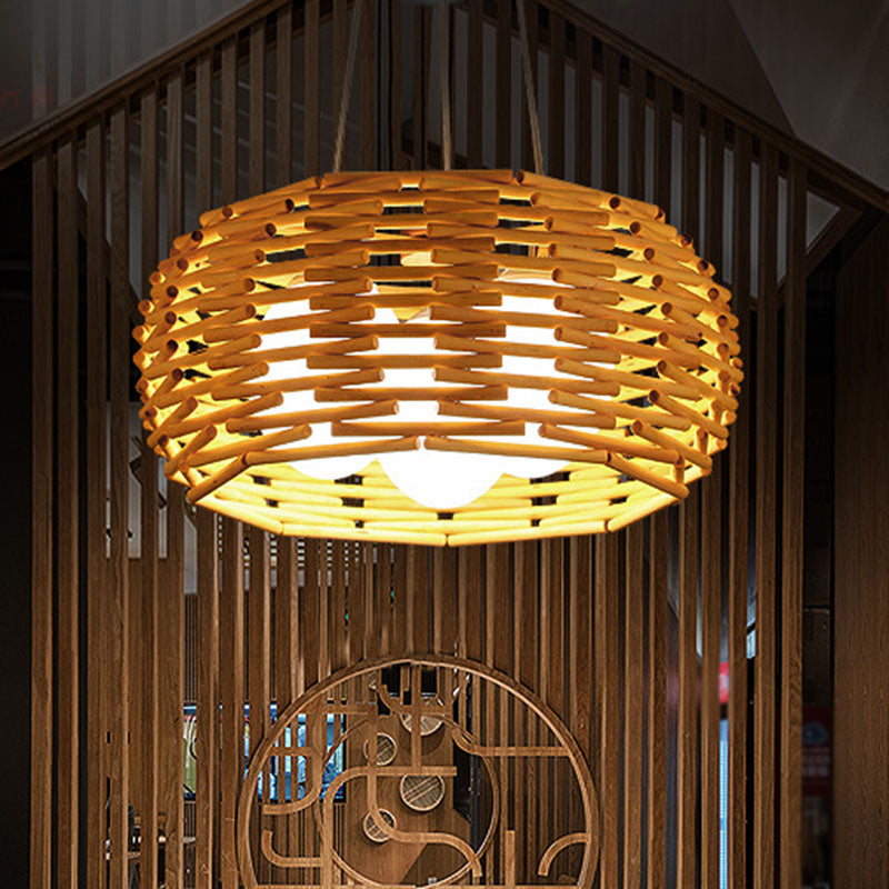 Wood Bird Nest Ceiling Chandelier Asian Bamboo Hanging Pendant Light with Egg Opal Glass Shade