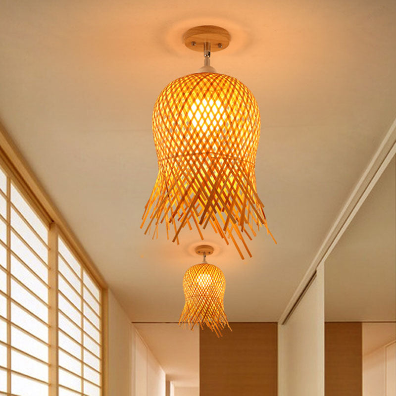 Geometric Semi Flush Mount Light Asian Bamboo Single Aisle Ceiling Flush Lamp in Wood