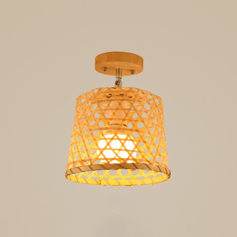 Geometric Semi Flush Mount Light Asian Bamboo Single Aisle Ceiling Flush Lamp in Wood