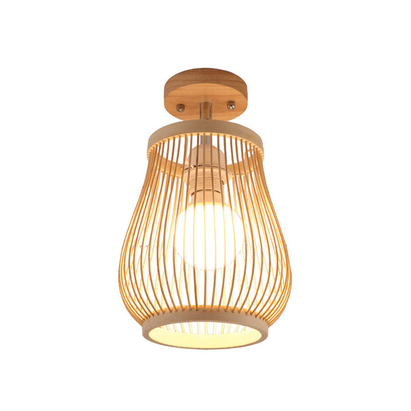 Geometric Semi Flush Mount Light Asian Bamboo Single Aisle Ceiling Flush Lamp in Wood