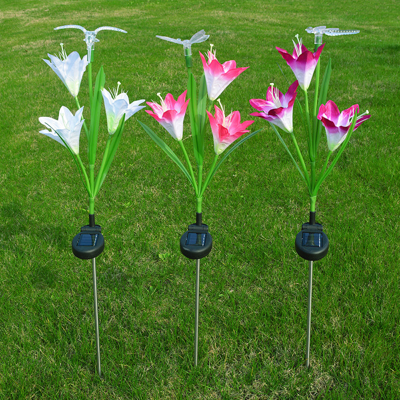 Lily Shaped Garden LED Lawn Light Plastic 3 Heads Artistic Solar Ground Lighting, 3 Pcs