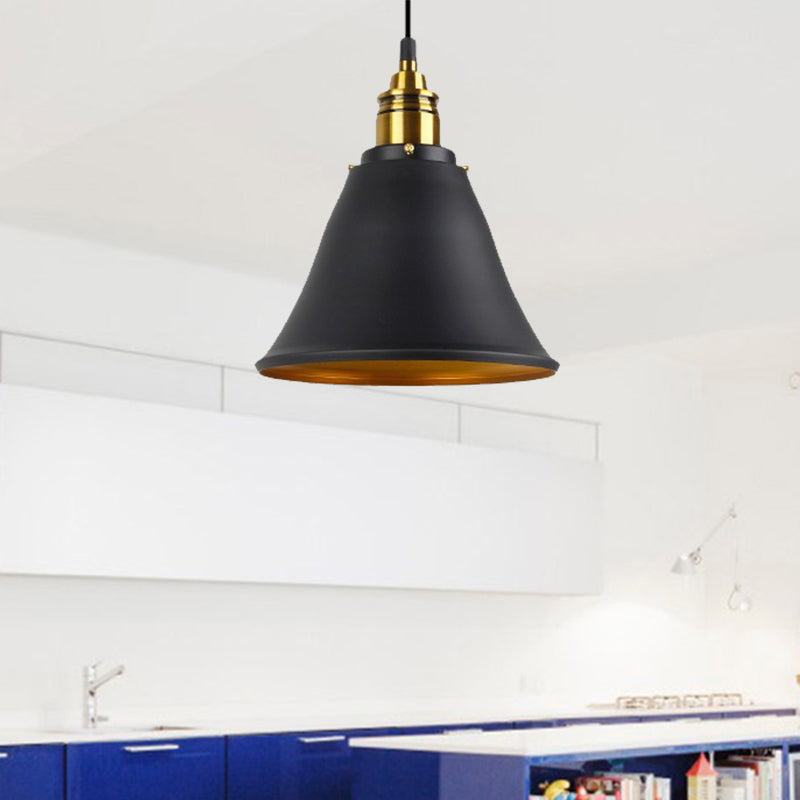 1-leichter Schmiedeeisenanhänger Industrial Schwarz/Weiß/Gold Bell Schatten Wohnzimmer Hängende Lampe