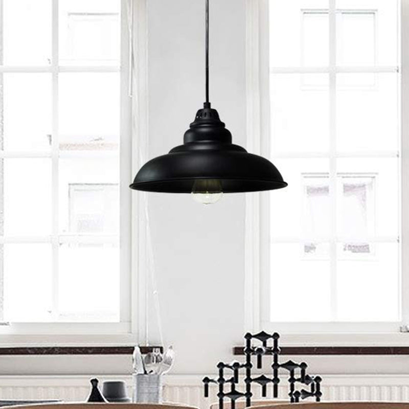 Barn Shade Metal Pendant Light Fixture Industrial Single Bulb Living Room Hanging Lamp in Black