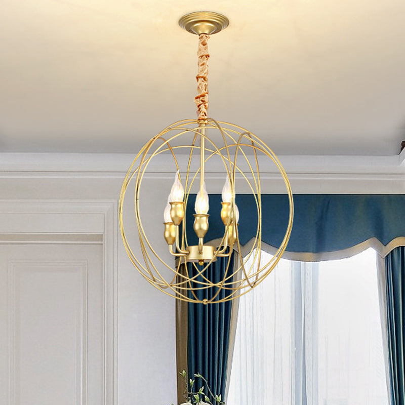 Globe Cage Metal Candle Chandelier Industrial 5 Bulb Dining Room Pendant Chandelier in Gold