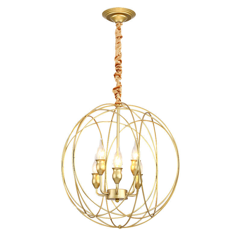 Globe Cage Metal Candle Chandelier Industrial 5 Bulb Dining Room Pendant Chandelier in Gold